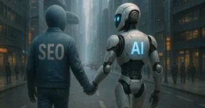 Robot IA y personaje SEO caminando por ciudad futurista