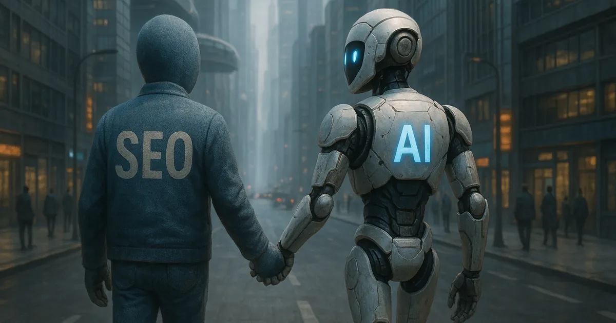 Robot IA y personaje SEO caminando por ciudad futurista