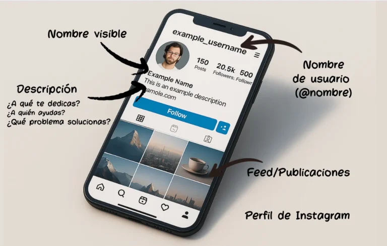 Ejemplo de perfil de Instagram optimizado para SEO, con etiquetas que explican los elementos clave: nombre visible, nombre de usuario, descripción, feed de publicaciones y foto de perfil.