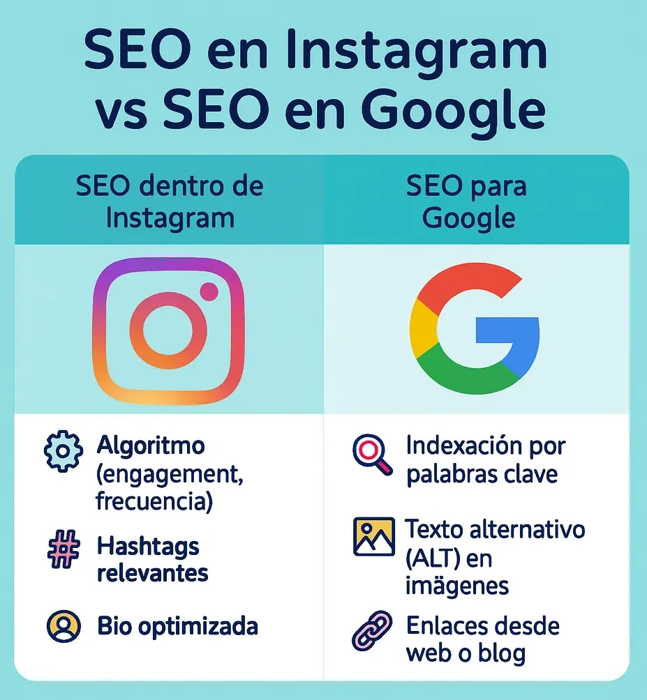 seo-en-instagram-vs-google "Comparativa visual entre SEO en Instagram y SEO en Google con iconos y puntos clave: algoritmo, hashtags, bio y nombre visible frente a indexación por palabras clave, texto ALT, enlaces y descripciones estructuradas."