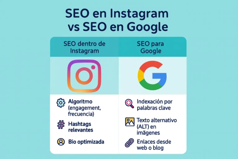 "Comparativa visual entre SEO en Instagram y SEO en Google con iconos y puntos clave: algoritmo, hashtags, bio y nombre visible frente a indexación por palabras clave, texto ALT, enlaces y descripciones estructuradas."